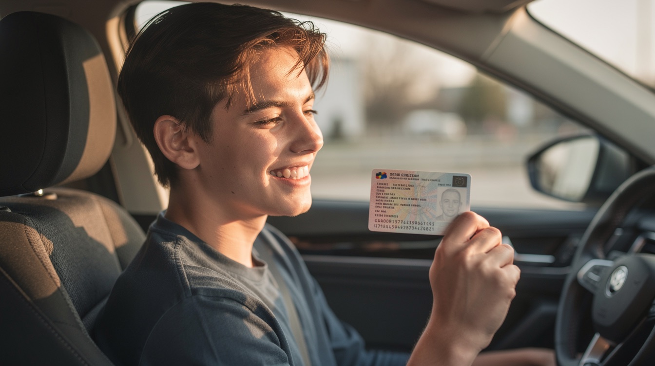 Junger Fahrschüler sitzt lächelnd im Auto und hält seinen frisch bestandenen Führerschein hoch