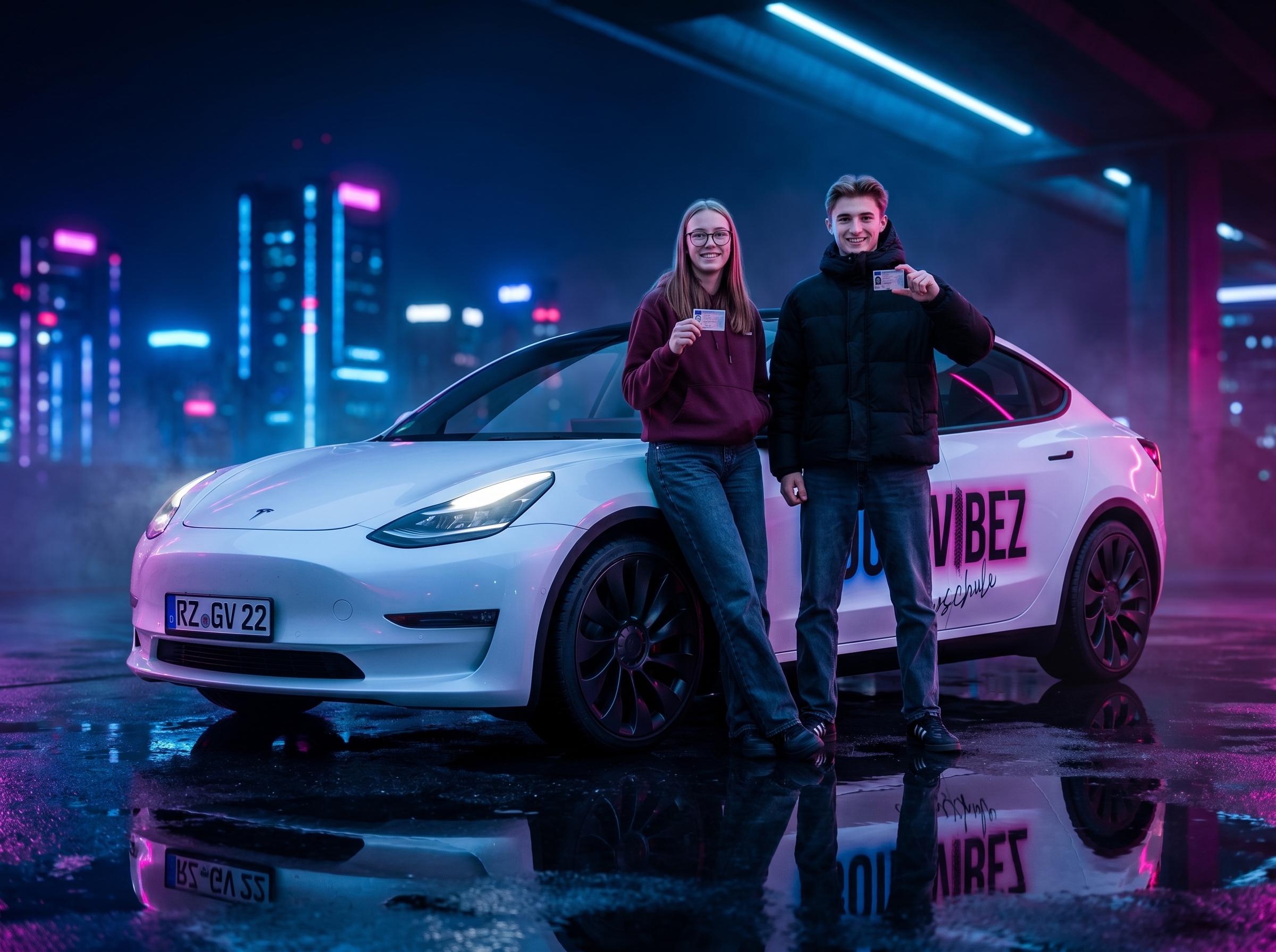 Fahrschulauto von Good Vibez, ein Tesla, auf der Straße