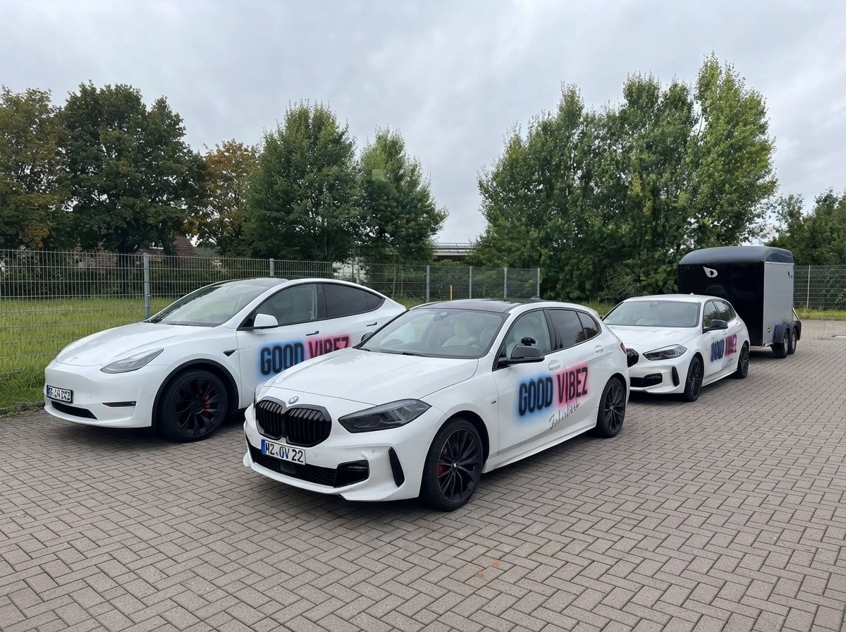 Der Good Vibez Fuhrpark: Tesla Model Y, zwei BMW 1er mit Good-Vibez-Branding und ein Anhänger