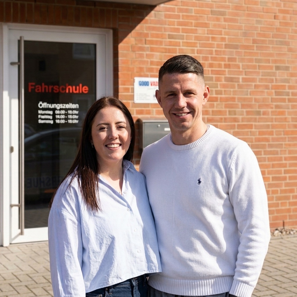 Das Team der Fahrschule Good Vibez vor dem Büro in Ratzeburg